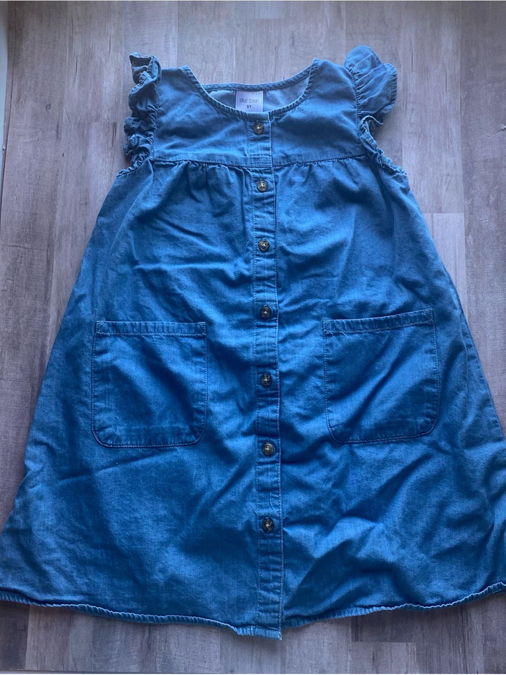Okie Dokie 5T Denim Dress Toddler Girls Button Front Ruffle Sleeve